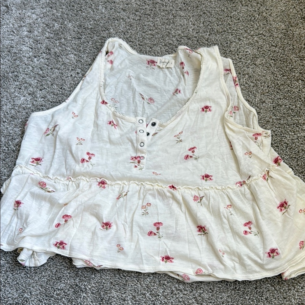 Lucky Brand Cream floral Ruffled Peplum Tank Top L
